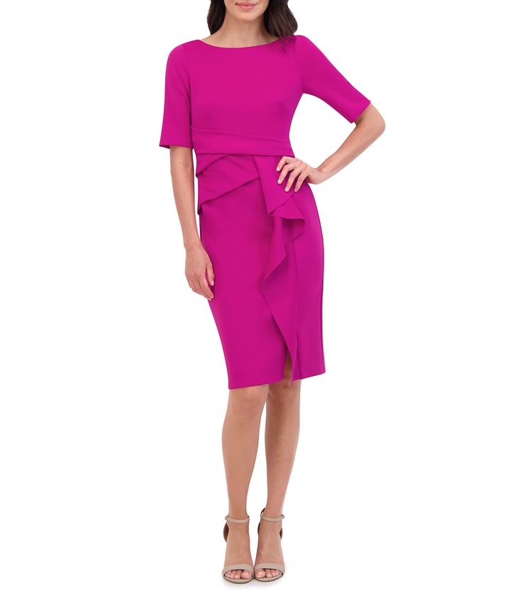 From Vince Camuto&#x2C; this dress features:Scuba crepe fabricationSheath silhouetteBoat necklineShort sleevesCascading ruffled waist detailFront slit hemlineApprox. 41" in lengthPolyester/spandexHand washImported. Casual Wedding Guest Dresses, Scuba Knit, Daytime Dresses, Midi Sheath Dress, Dress 16, Boat Neckline, Knit Midi, Dillard's, Designer Wear