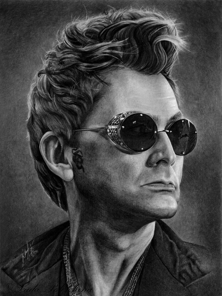 a black and white drawing of a man wearing sunglasses with his hair pulled back to the side