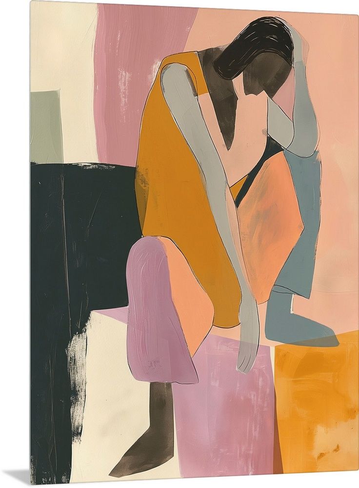 an abstract painting of a woman sitting on a chair with her hands behind her head