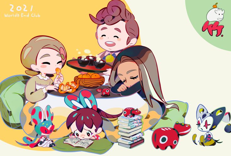 cartoon characters sitting around a table with food on it