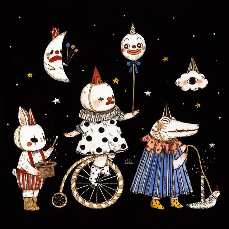 an image of three clowns on a bike in the night sky with stars and moon