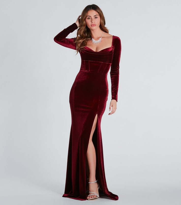 Long Figure Hugging Dresses, Elegant Burgundy Dress, Hoco Dresses Sleeves, Red Prom Dress Long Sleeve, Long Prom Dresses With Sleeves, Long Sleeve Corset Dress, Red Velvet Dress Long, Winter Formal Dresses Long, Formal Christmas Dress