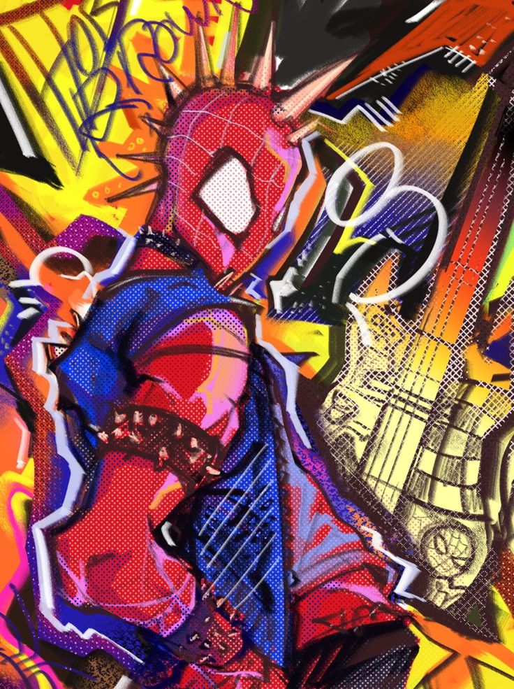 the spider man is standing in front of some graffiti