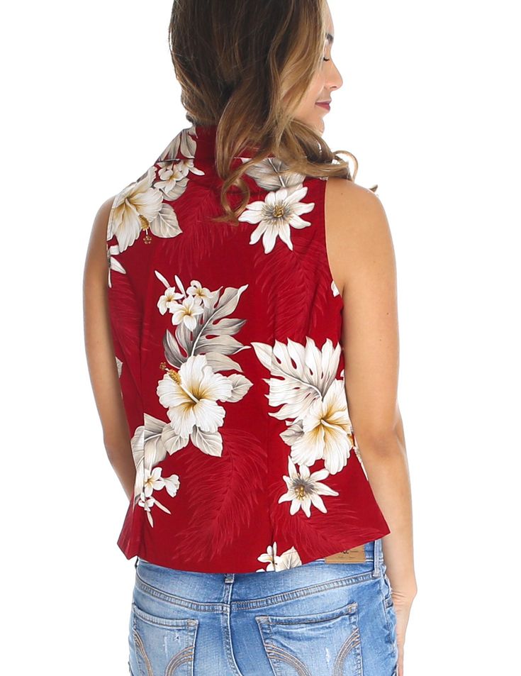 Sleeveless Hawaiian Shirt Lanai 100% Cotton Fabric Collar Tank Top Blouse Curved Hemline Colors: Red, Peach, Navy, Blue Sizes: S - 2XL Made in Hawaii - USA Vacation Red V-neck Shirt, Red V-neck Shirt For Vacation, Red Casual Sleeveless Blouse, Casual Red Sleeveless Blouse, Casual Red Sleeveless Top, Red Hawaiian Tops For Spring, Casual Red Tank Top For Vacation, Hawaiian Sleeveless Beach Tops, Red Hawaiian Vacation Tops