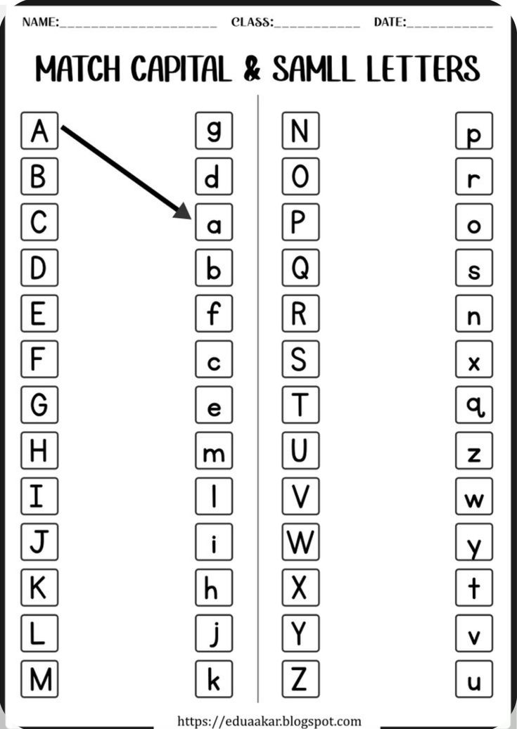 the capital and small letters worksheet is shown in black and white with an arrow pointing