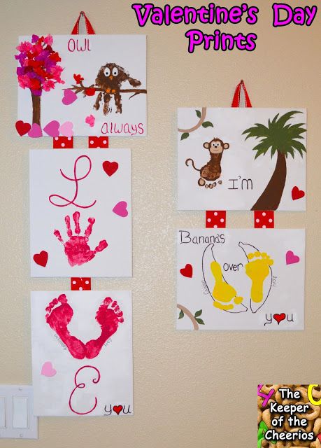 valentine's day pictures are hung on the wall with handprints and palm trees