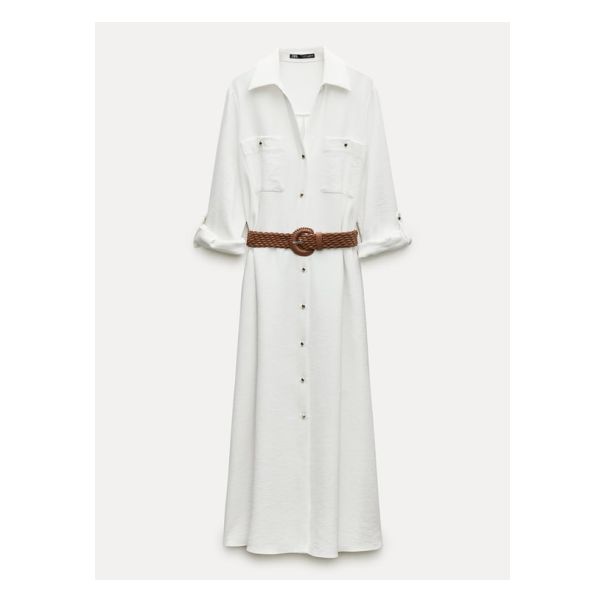 Midi dress with V-neck lapel collar and turned-up sleeves with buttoned tabs. Front patch pockets. Front button closure with belt. Zara Shirt Dress, Johnny Collar, Cardigan Sweater Jacket, Khaki Dress, Knitwear Cardigan, Skorts, Blazer Dress, Blouse And Skirt, Linen Shirt