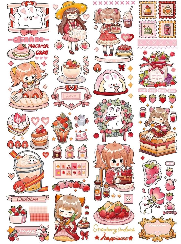 an assortment of stickers with various items on them, including cakes and other things