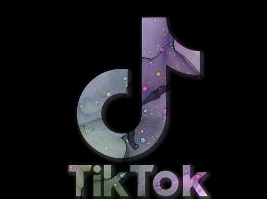 the logo for tik tok is shown in purple and blue colors on a black background