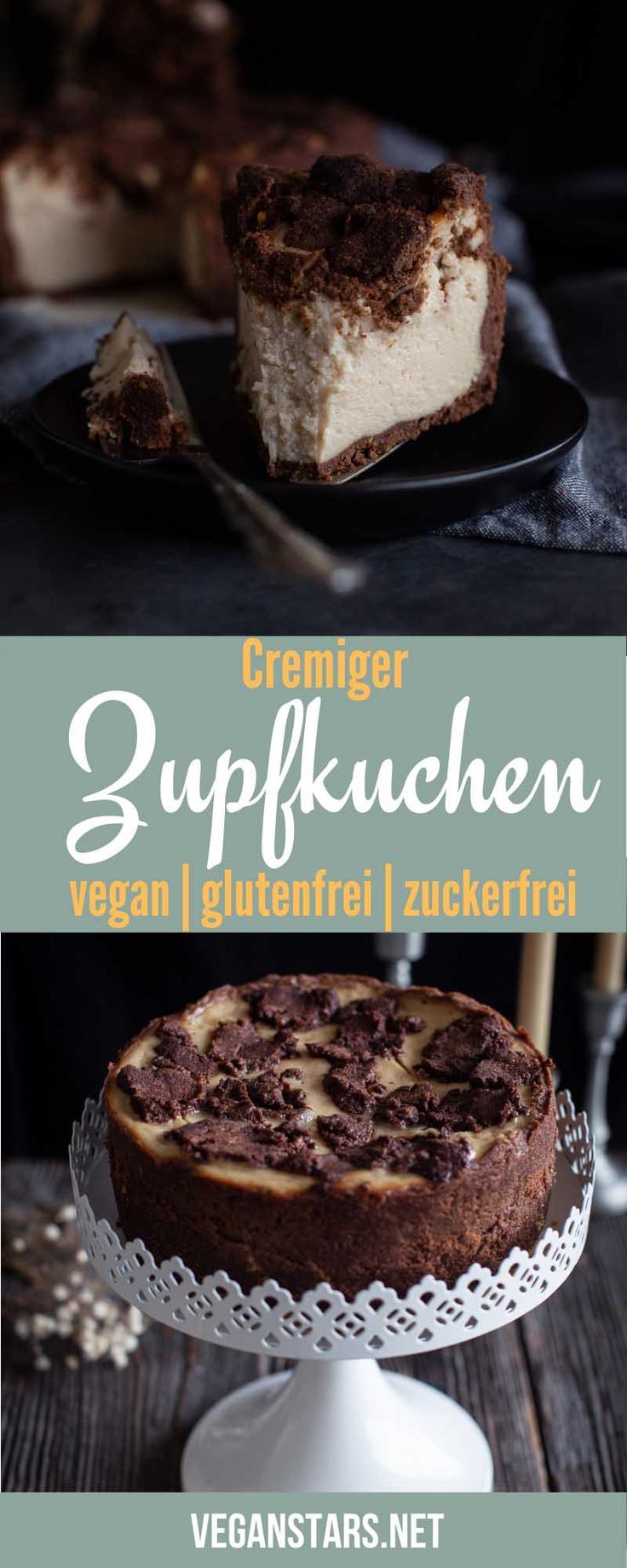 a cake on a plate with the words cremer supfkachen vegan i glutenfrei zuckerfren