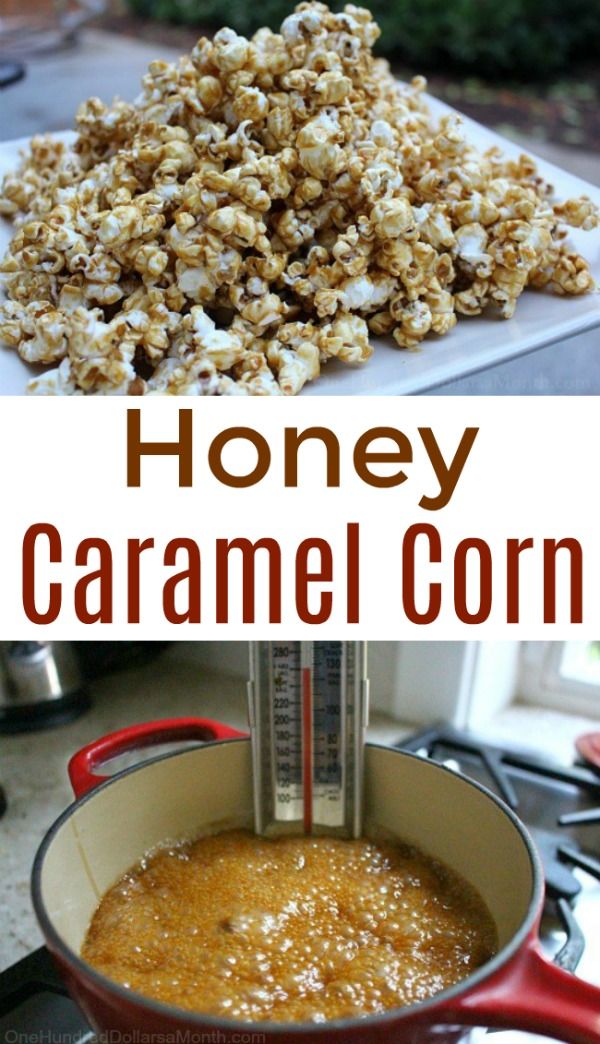 honey caramel corn in a red pot on the stove with text overlay that reads honey caramel corn