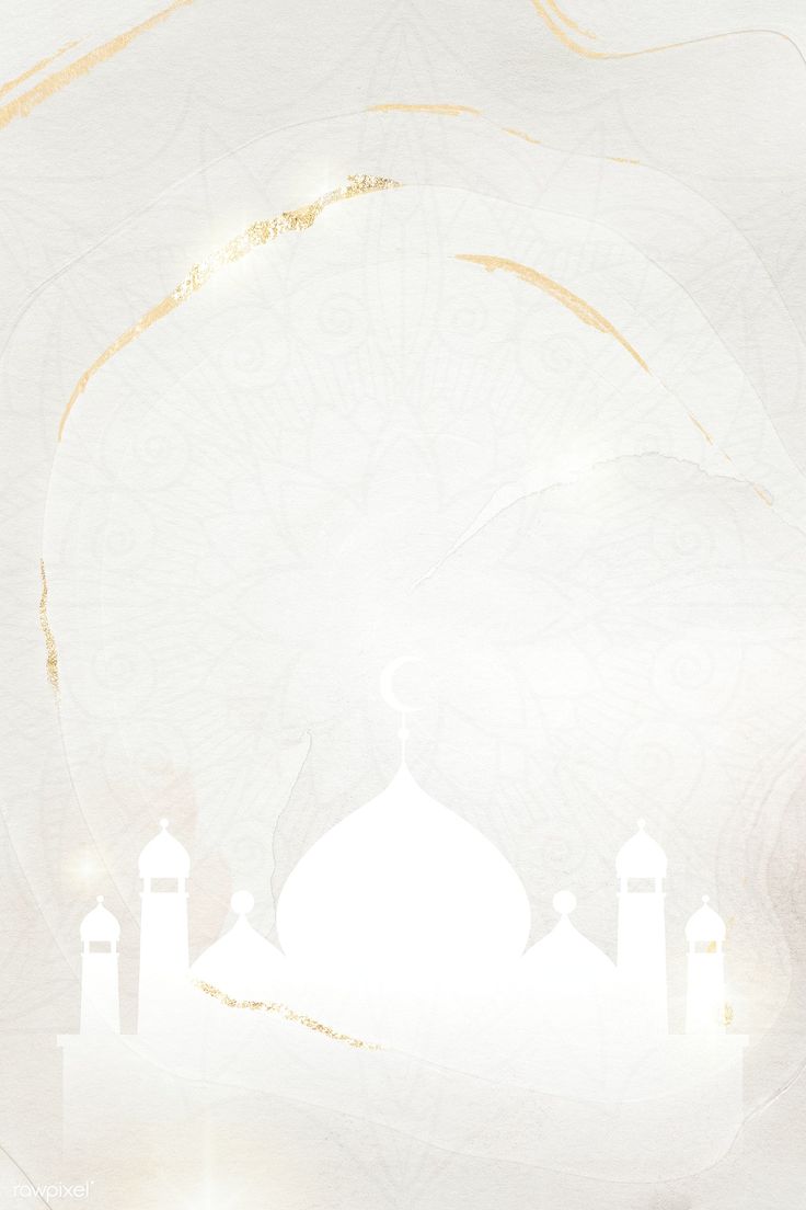 an ornate white and gold background with mosques in the foreground, light shining down on them