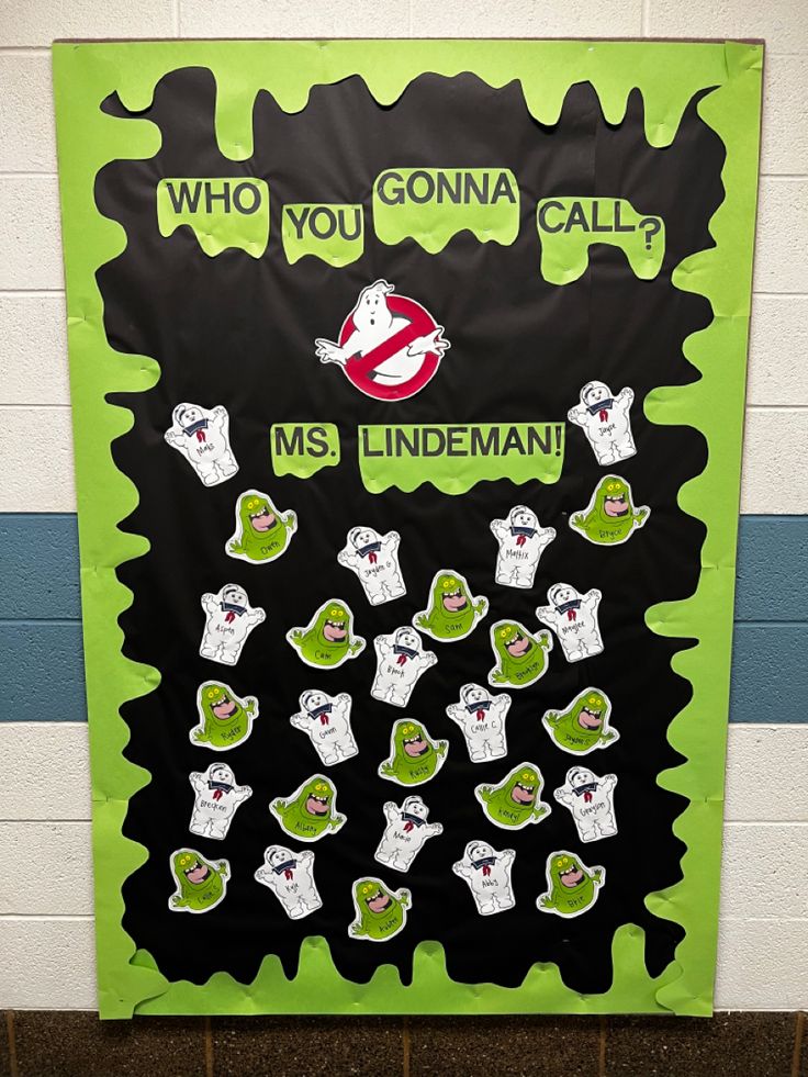 Ghostbusters Classroom Bulletin Board with little Slimers and Stay Puft characters Ghost Busters Door Decorations Classroom, Ghost Busters Bulletin Board Ideas, Ghost Busters Door Decorations, Ghostbuster Classroom Door, Beetle Juice Bulletin Board, Ghostbusters Bulletin Board, 3d Halloween Bulletin Board Ideas, Beetlejuice Bulletin Board, Scary Bulletin Boards