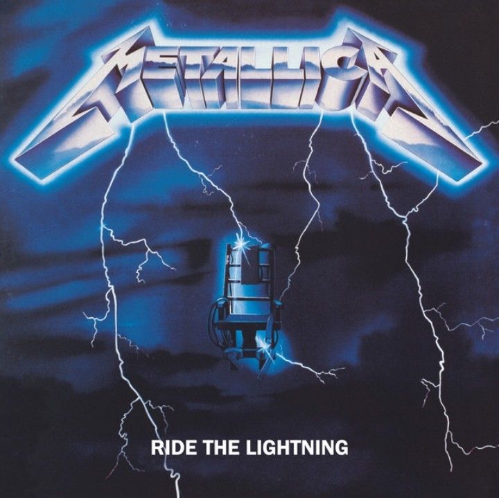 the album cover for ride the lightning is shown on a white background with blue and black lightning