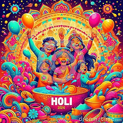 an image of people celebrating holi with balloons and confetti in the background