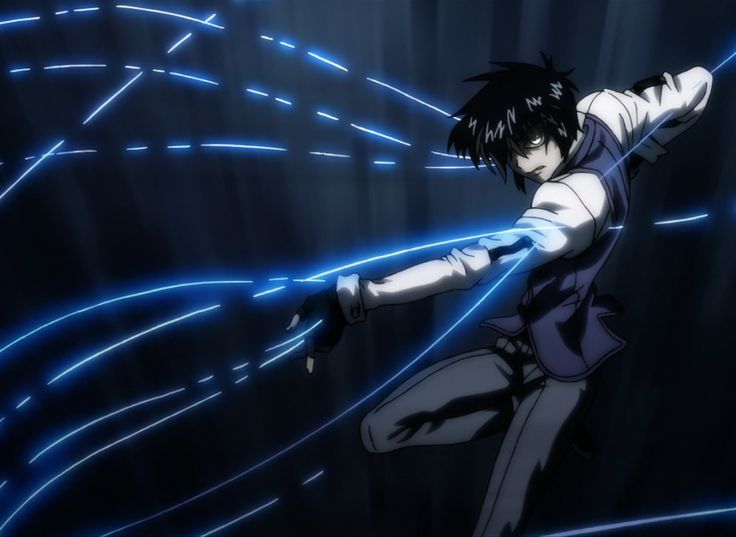 an anime character is in the air with his arms outstretched and glowing blue lights behind him