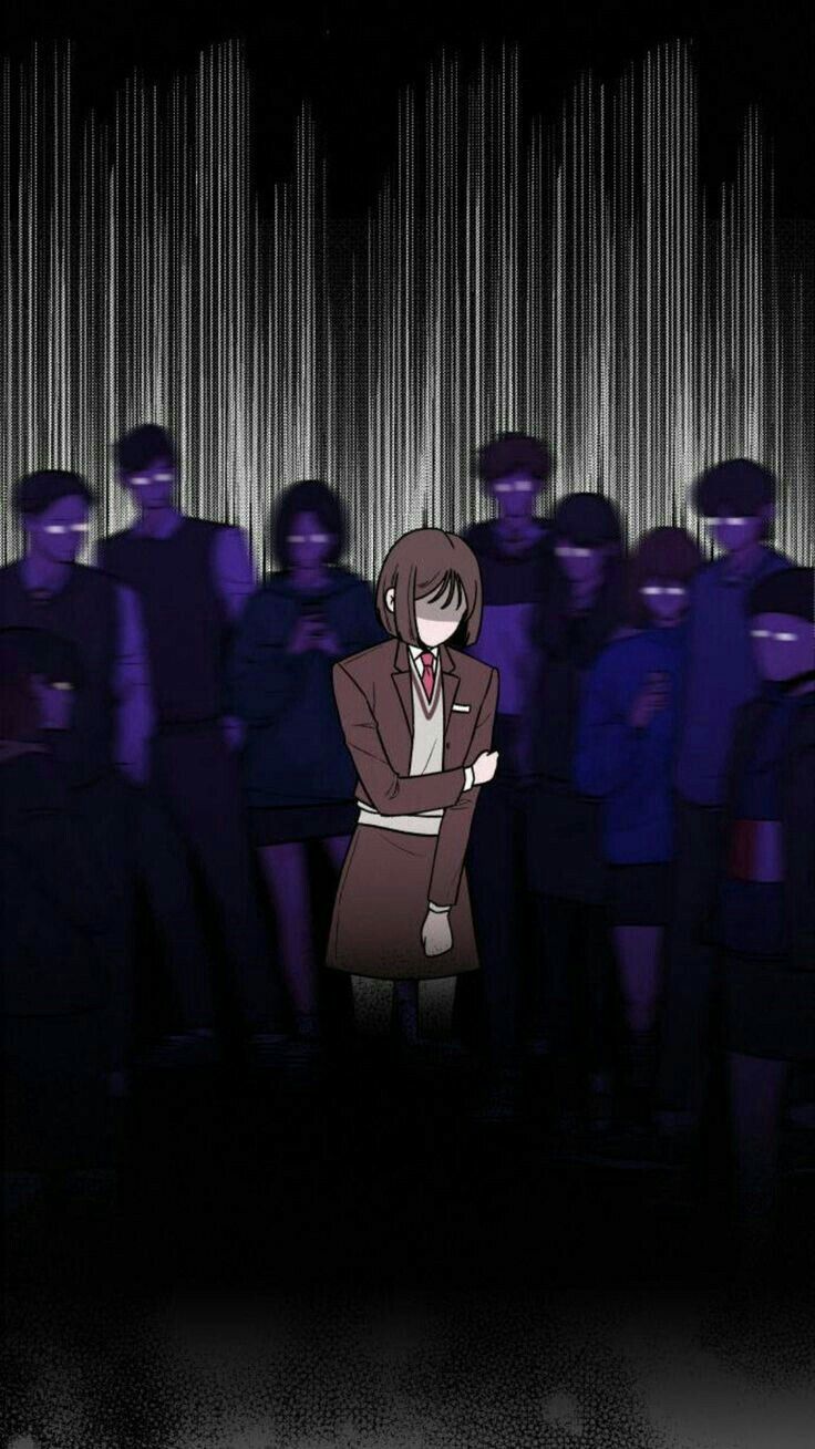 an anime character standing in front of a group of people