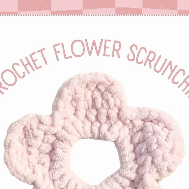 two crochet flower scrunches on a pink checkered background with the words crochet flower scrunches