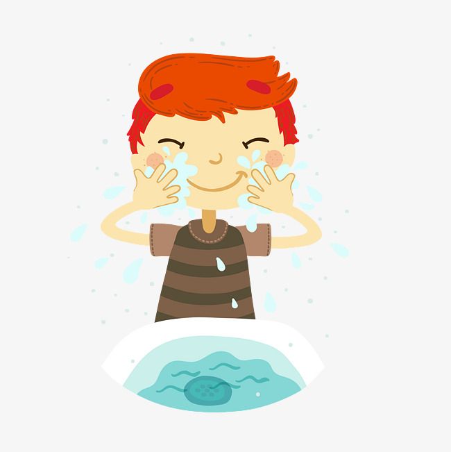 a boy is washing his hands with soap on his face, cartoon character, hand drawn illustration png and psd