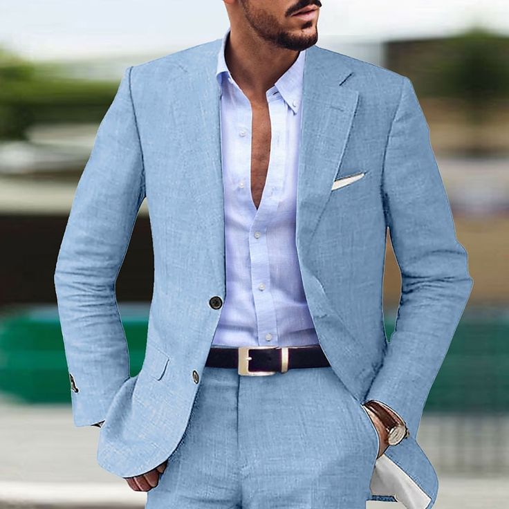 Category:Linen Suits; Embellishment:Pocket; Season:Summer,Spring; Fabric:Linen; Includes:Jacket,Pants; Occasion:Linen,Wedding; Fit Type:Tailored Fit; Jacket Buttons:Single Breasted Two-buttons; Jacket Pockets:Straight Flapped; Pattern:Solid Colored; Neckline:Notch; Listing Date:06/06/2023; Production mode:External procurement; Pant Length:; Pants Waist:; Shoulder Width:; Sleeve Length:; Bust:; Hips:; Clothing Length:; Number of Pieces:2 Piece; Design:Classic Summer Groom, 2023 Beige, Linen Suits For Men, Beach Wedding Groom, Beach Wedding Suits, Prom For Guys, Groom Suits, Light Blue Suit, Prom Suits For Men