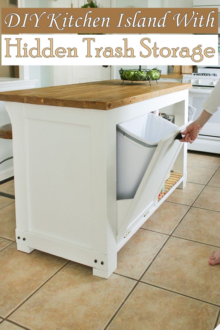 a kitchen island with a trash can in it and the words diy kitchen island with hidden trash storage