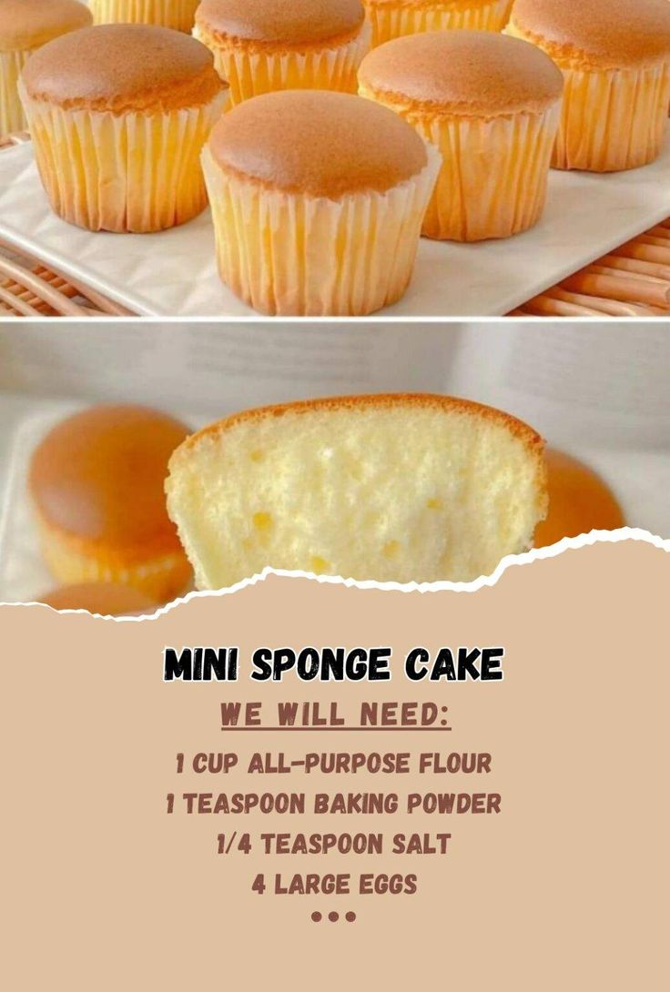 the recipe for mini sponge cake is shown in two different pictures, one with a cupcake inside