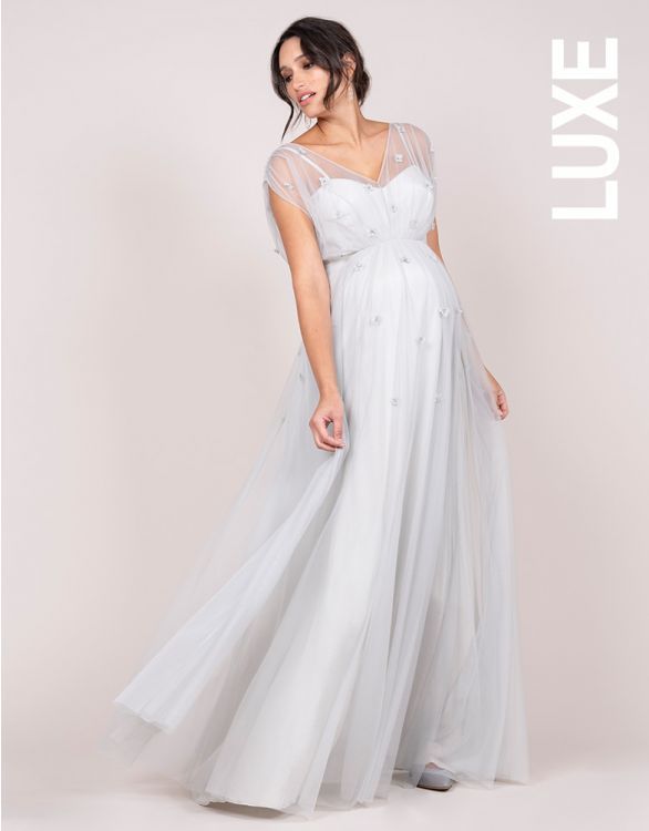 Mist Grey Grecian Maternity Gown | Seraphine Ethereal Tulle Evening Dress For Wedding, Floor-length Tulle Mother Of The Bride Dress, Bridesmaid Gown With Sheer Tulle Bodice, Wedding Evening Dress With Sheer Tulle Bodice, Ethereal Tulle Gown For Debutante Ball, Ethereal Tulle Ball Gown, Ethereal Tulle Wedding Gown, Elegant Tulle Gown For Debutante Ball, Ethereal Wedding Dress With Tulle Skirt