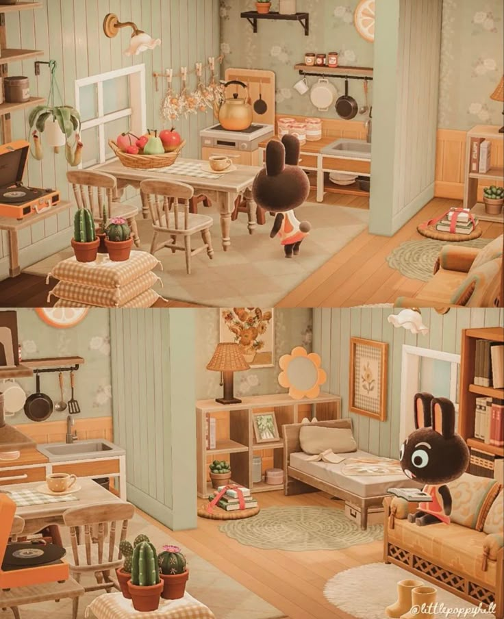 two pictures of a dollhouse with furniture and decorations