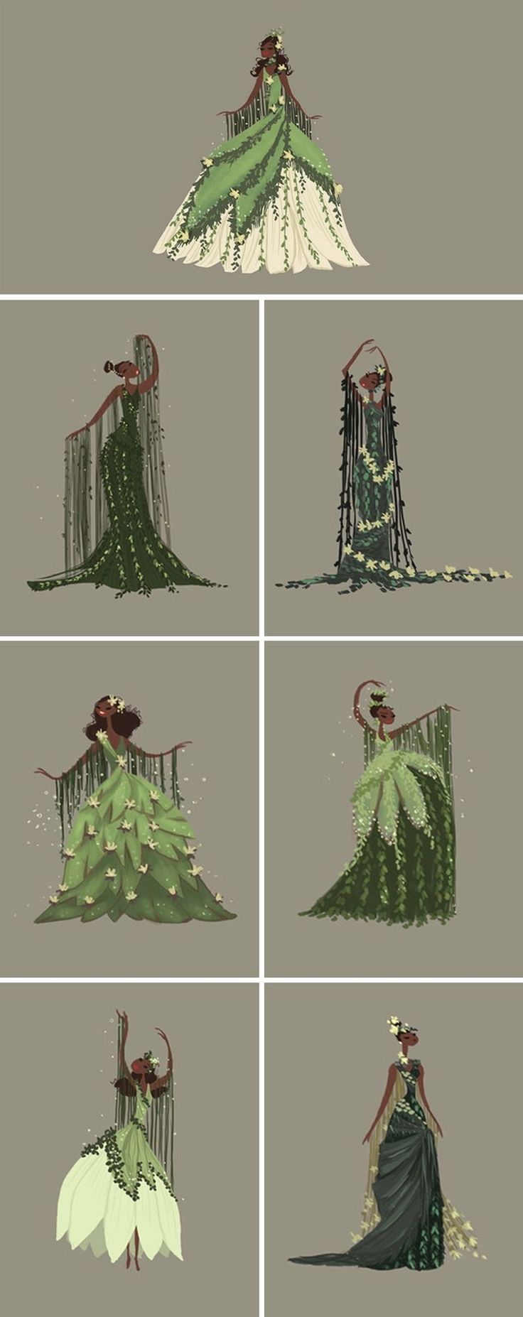 four different views of the same dress with flowers on it, one in green and one in white