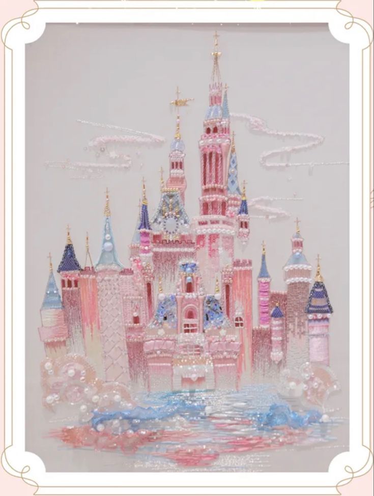 a painting of a castle in pink and blue