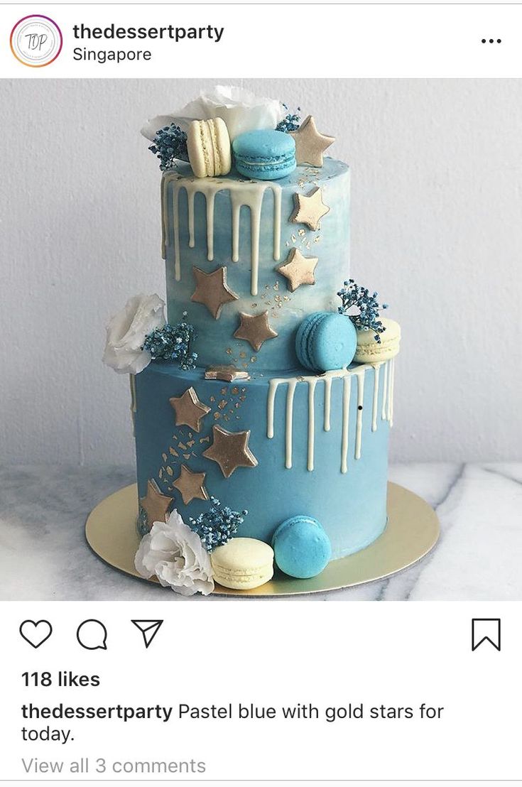 a three tiered blue cake with stars and confetti on the top layer