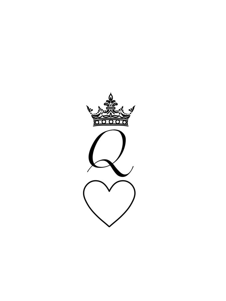 the letter q with a crown on top is drawn in black ink and has a heart