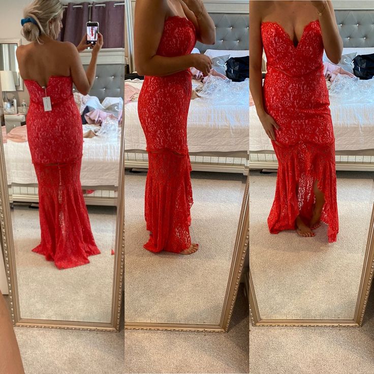 Beautiful High Low Red Gown Red Lace Maxi Dress For Prom, Red Lace Maxi Dress For Formal Occasions, Red Maxi Dress With Sweetheart Neckline, Red Carpet Dress With Sweetheart Neckline, Red Lace Dress With Sweetheart Neckline, Red Lace Dress For Gala, Red Maxi Dress With Sweetheart Neckline For Party, Red Party Maxi Dress With Sweetheart Neckline, Red Strapless Maxi Dress For Prom