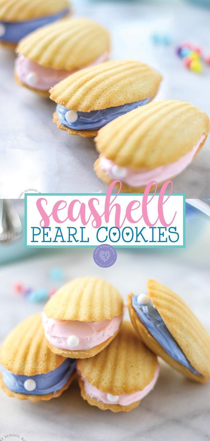 some cookies that are sitting on top of each other with the words seashell pearl cookies