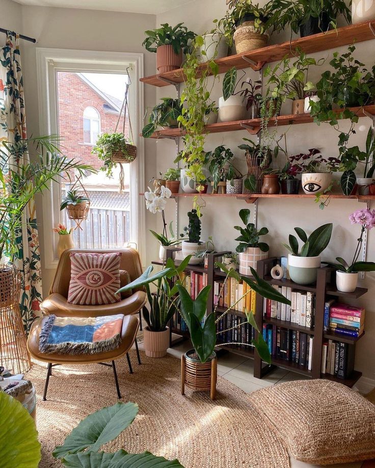 a living room filled with lots of plants and bookshelves next to a window