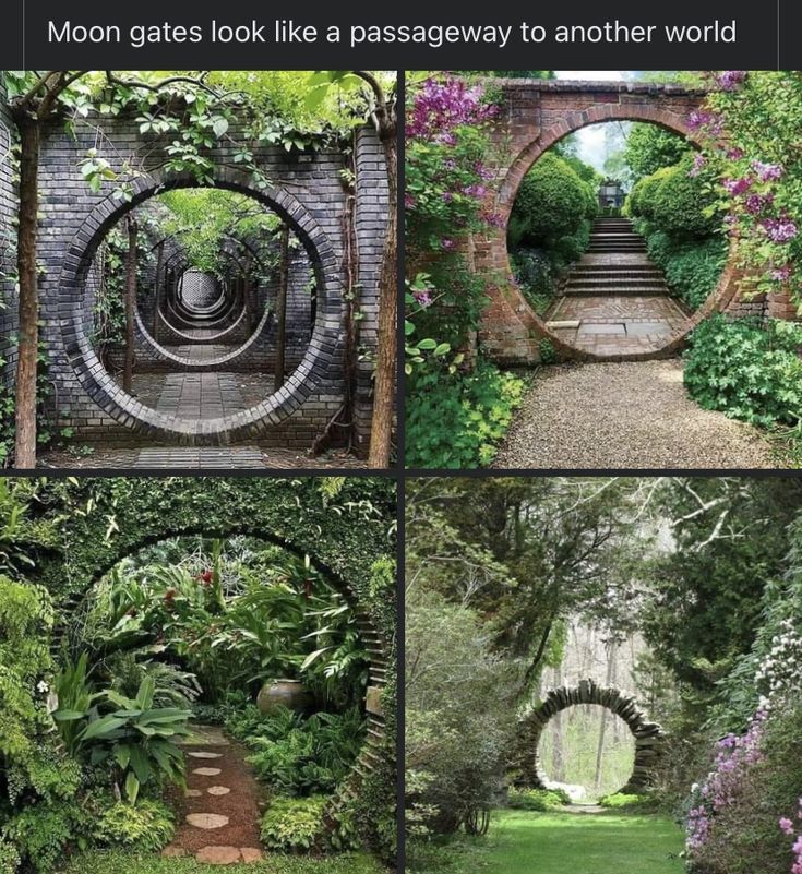 four different images of an outdoor garden with flowers and trees in the middle, along with text that reads moon gates look like a passage to another world