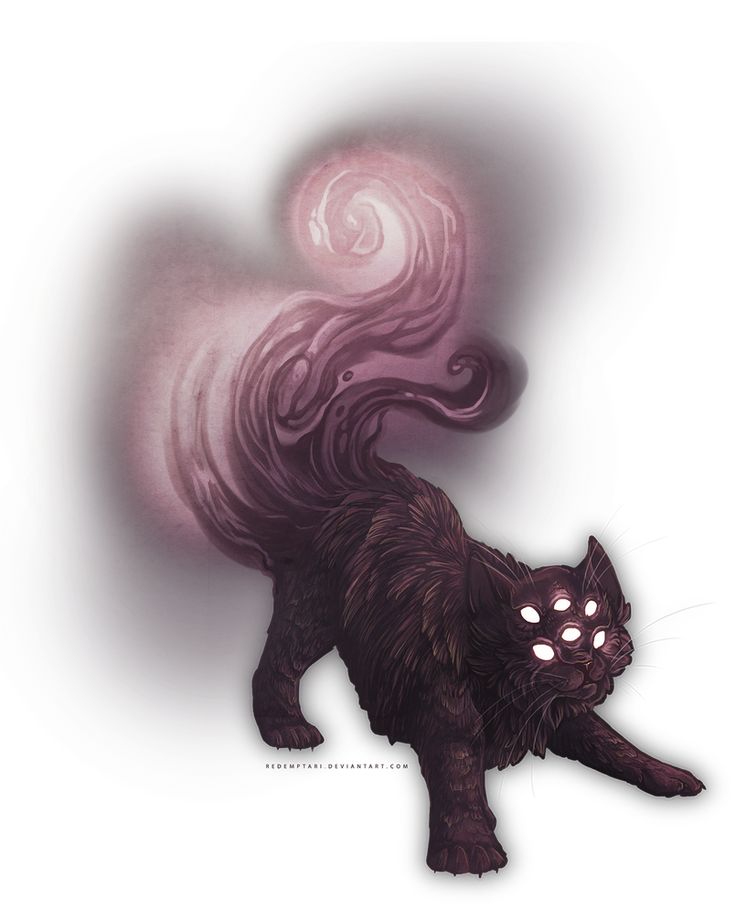 a black cat with glowing eyes standing in front of a swirly pink and white background