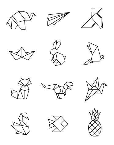 different types of origami paper birds and pineapples on a white background