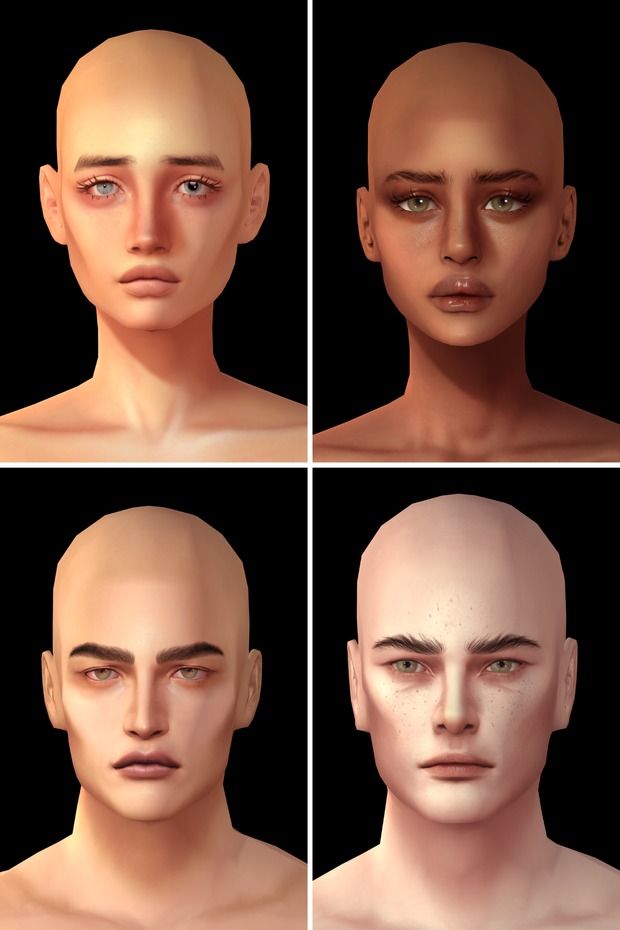 four different angles of the face of a man with no hair and blue eyes, from front to back