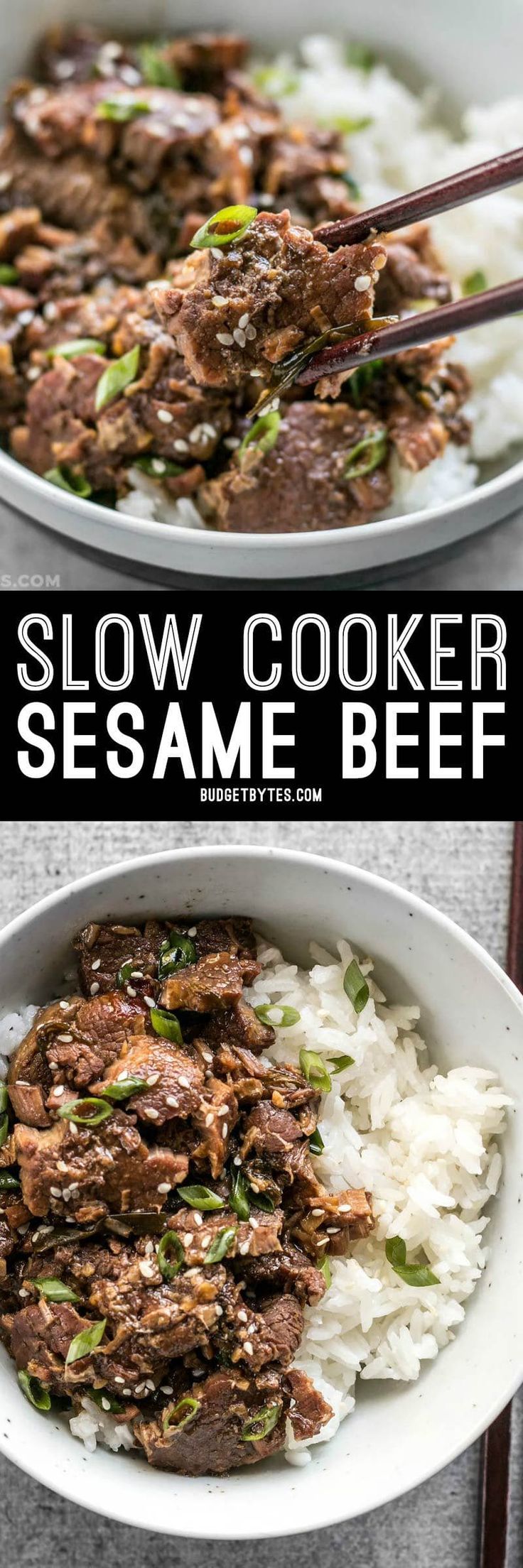 slow cooker sesame beef served over rice with chopsticks in a white bowl