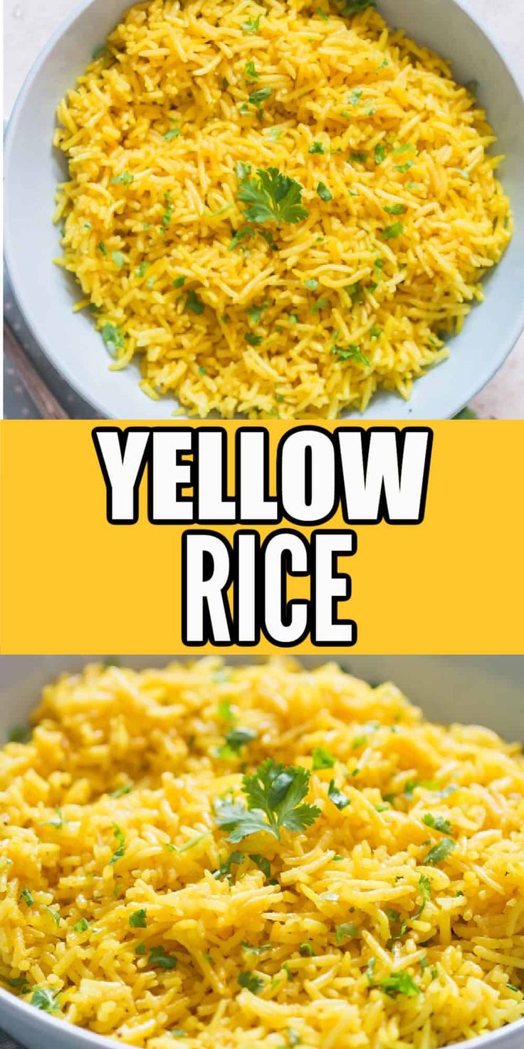 yellow rice is in a white bowl with parsley on top and the words, yellow rice