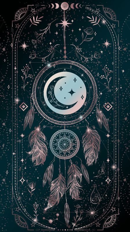 a drawing of a moon with feathers on it and stars in the night sky above