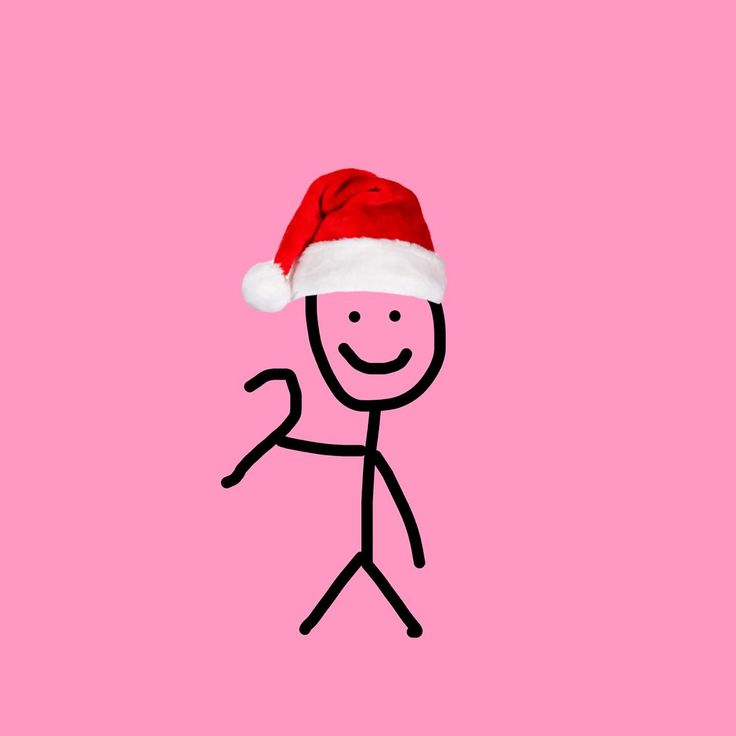 a stick figure wearing a santa hat on a pink background