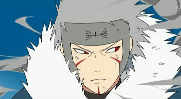 an anime character with grey hair and red eyes