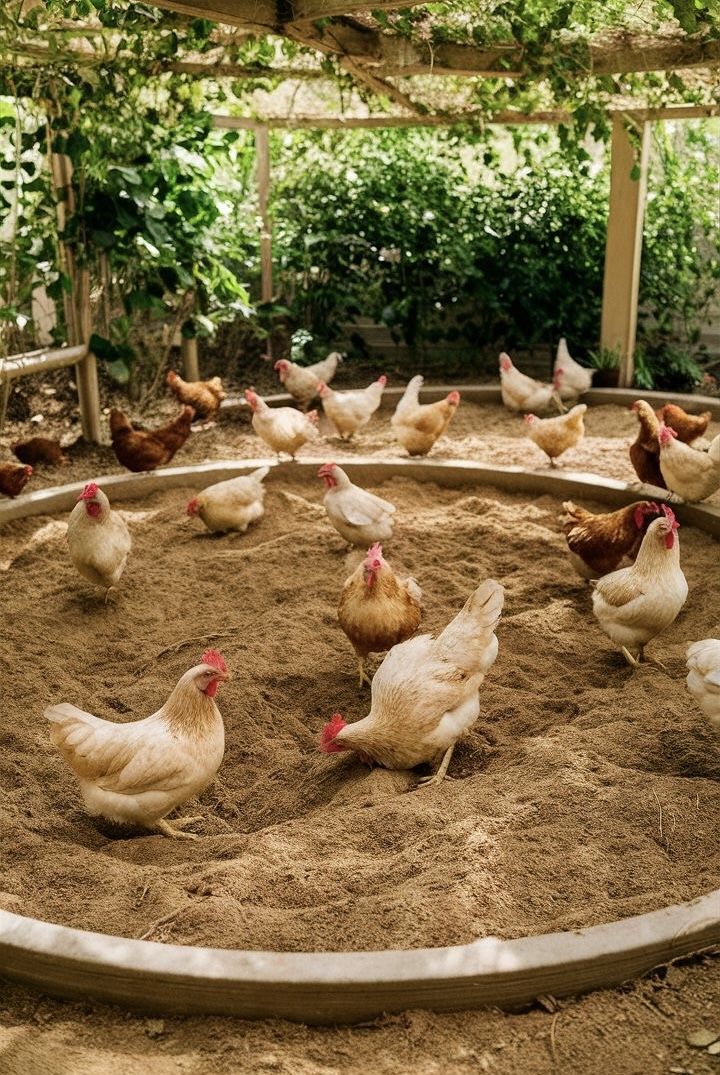 several chickens are gathered in the sand inside an enclosed area with trees and bushes behind them