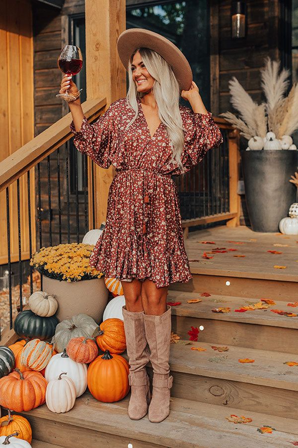 Fall Floral Dress Target, Fall Photo Dresses Women, Fall Casual Dress With Shoes, Country Western Dresses Fall, Floral Dress And Lace Up Boots, Womens Dress Fall Photo, Dress With Boots Fall Plus Size, Rust Color Dress Tights, Thanksgiving Women Dresses