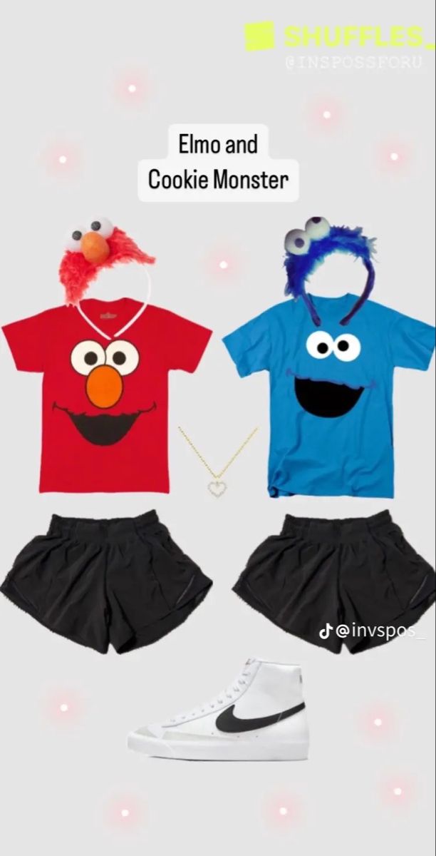 two children's sesame and cookie monster outfits, one in red and the other in blue