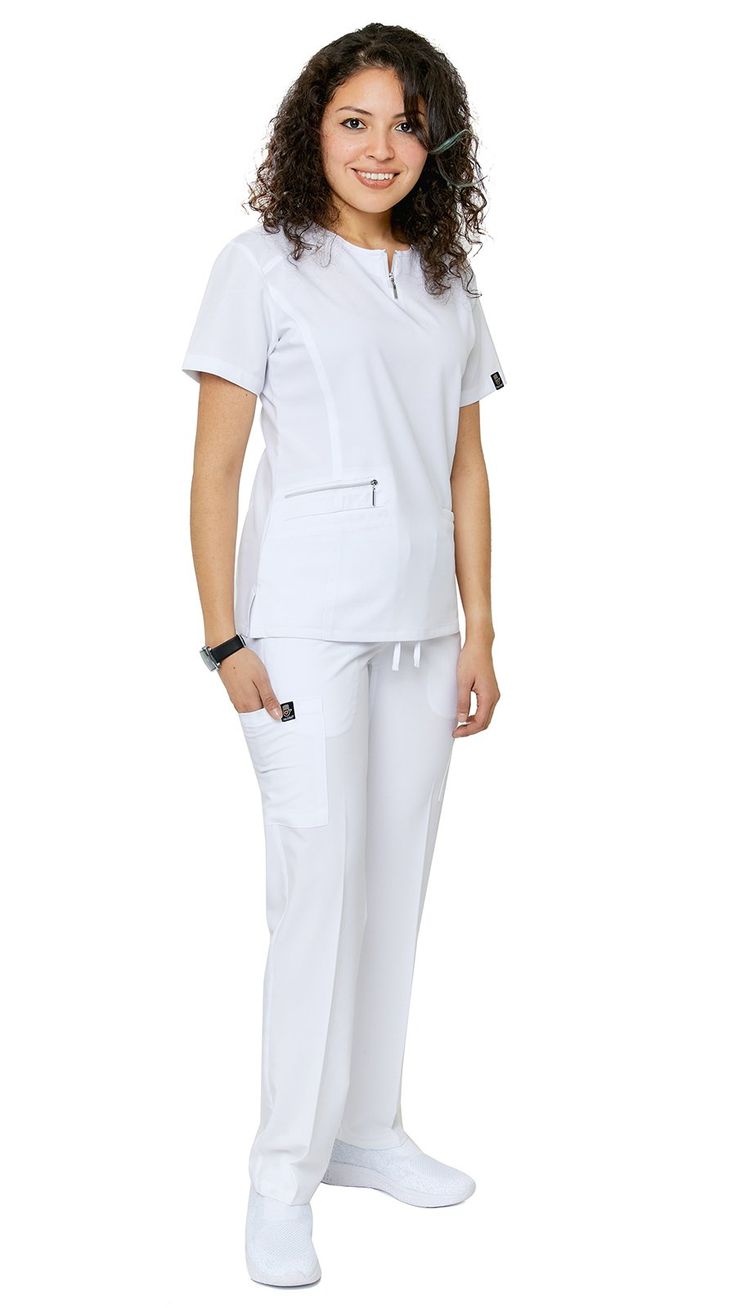 Be ready to impress the second you put on Dress A Med's Soft Stretch Silver Zipper scrub set. This 2 piece uniform scrubs set is ultra-flattering with its accent silver zipper neckline. You'll be sure to show off your figure while still maintaining your trusted and professional image. This uniform soft stretch scrubs set is made to be dazzling as you are with its accentuating double stitch lines. The scrub top is modern yet ultra-useful with a zipper compartment and 2 large pockets. The straight Nurses Dress Uniform Style, Nurse Uniform Modern White, Nurses Uniform Modern, White Nurse Dress, Nurse Dress, Nurse Dress Uniform, Scrubs Nursing Uniforms, Scrubs Dress, White Scrubs