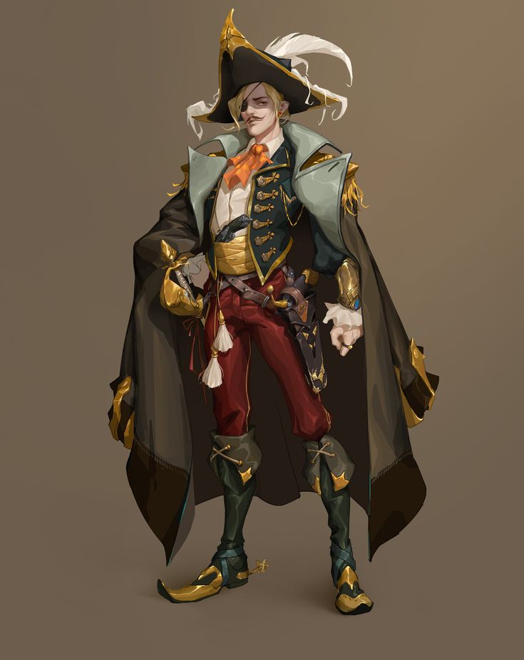 a man dressed up as a pirate standing in front of a brown background