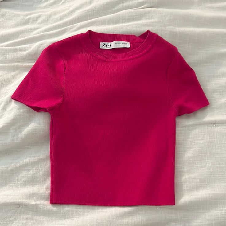 Hot Pink, Knit, Worn Maybe Once So Basically Brand New Fitted Pink Textured Knit Top, Fitted Textured Knit Pink Top, Zara Fine Knit Crew Neck Top, Zara Crew Neck Fine Knit Tops, Zara Knit Short Sleeve Tops, Zara Knit Tops Short Sleeve, Fitted Fine Knit Zara Top, Pink Knit Zara Tops, Zara Pink Knit Tops